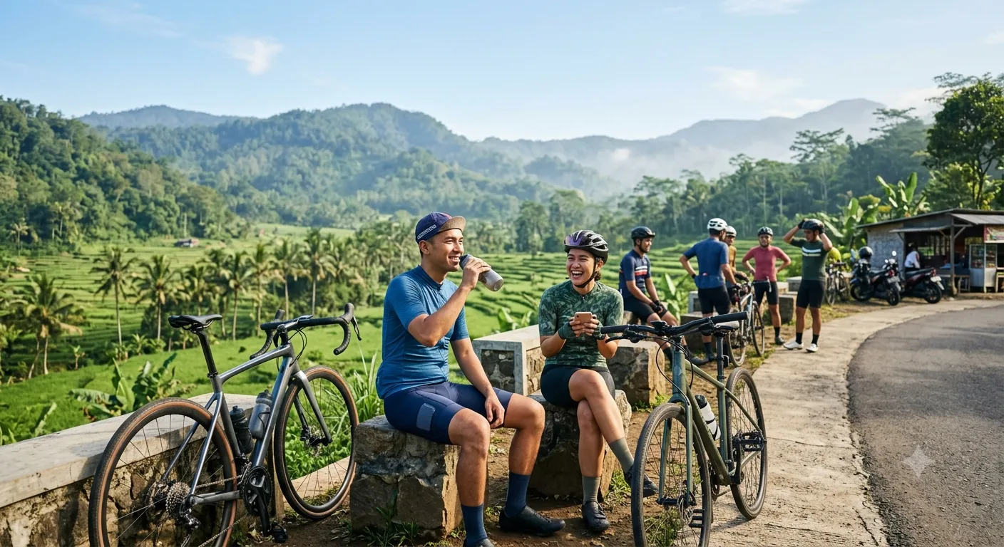 Sekelompok orang beristirahat dan menikmati udara segar setelah bersepeda melintasi rute alam yang asri.