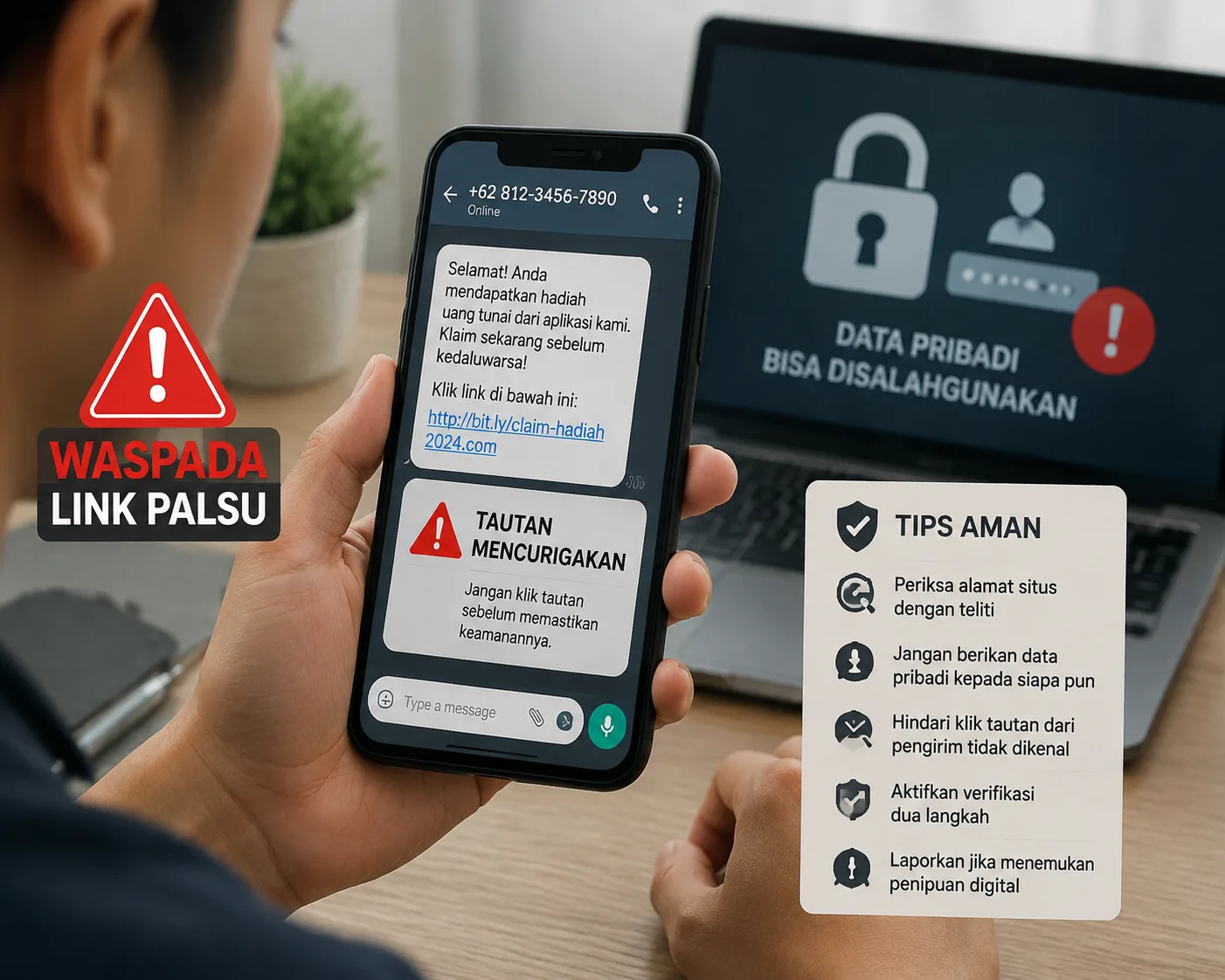 Ilustrasi pengguna ponsel yang menerima tautan mencurigakan sebagai bentuk ancaman keamanan data digital.