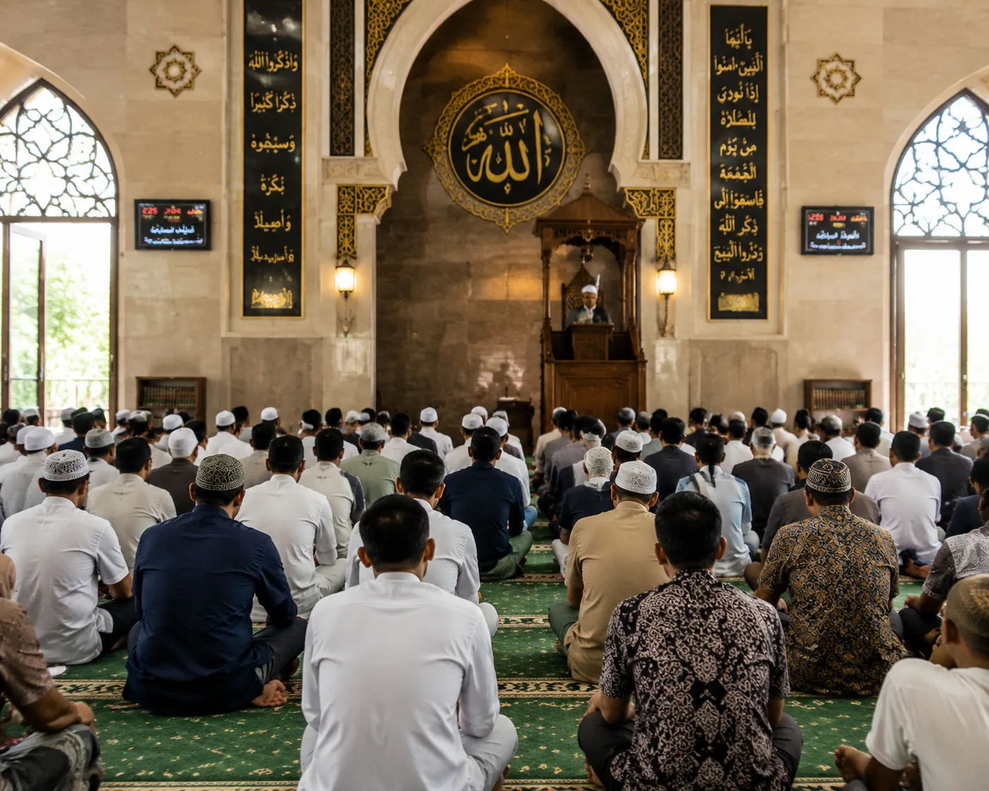 Jamaah Muslim berkumpul di masjid untuk melaksanakan ibadah salat Jumat.