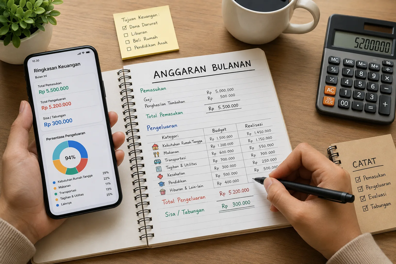 Seseorang mencatat pemasukan dan pengeluaran sebagai bagian dari penyusunan anggaran bulanan.