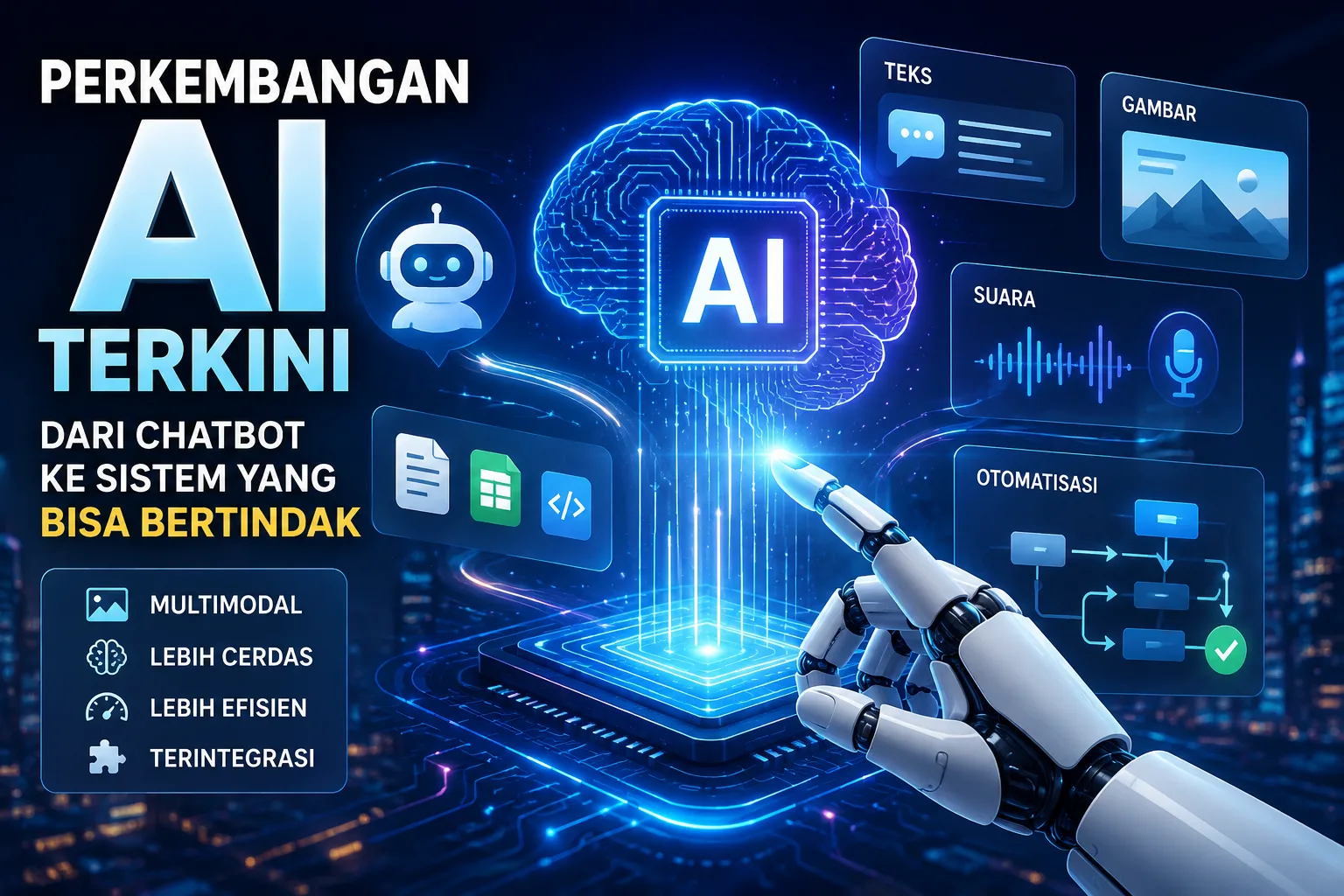 Ilustrasi sistem kecerdasan buatan yang mengolah berbagai jenis informasi dan menjalankan tugas digital.