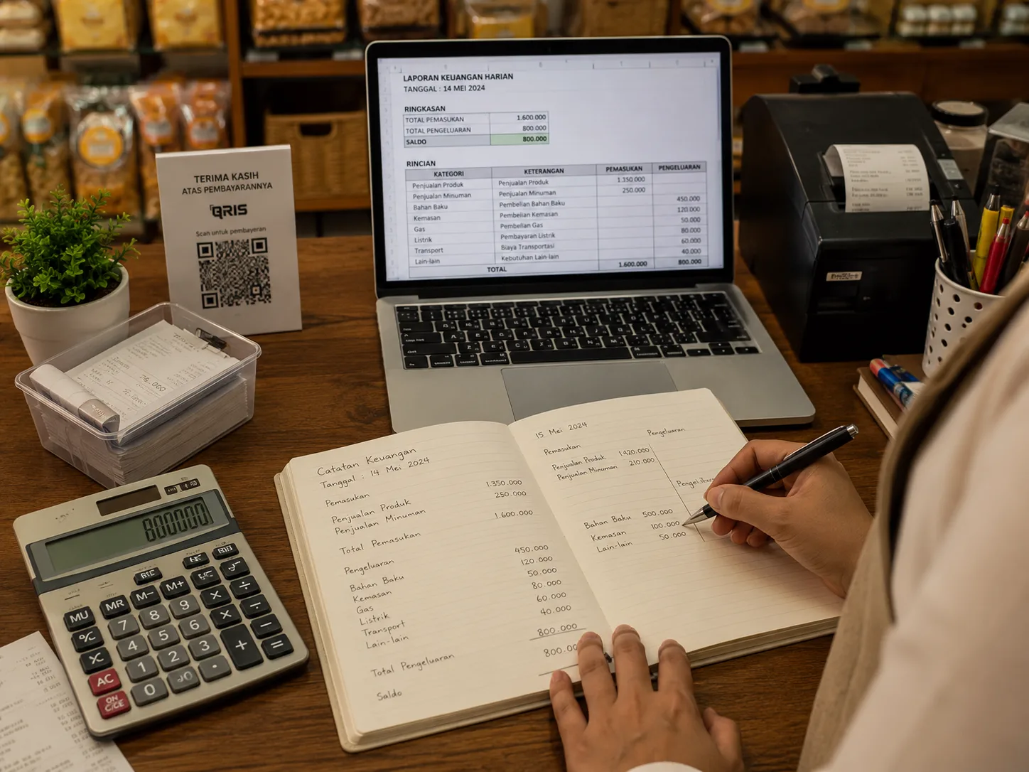 Pelaku UMKM mencatat arus kas dan keuangan usaha menggunakan buku catatan dan laptop.